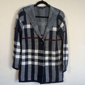 Women’s Button Cardigan Knit Sweater Jacket Hooded Blue Red Plaid Charlie B Sz M
